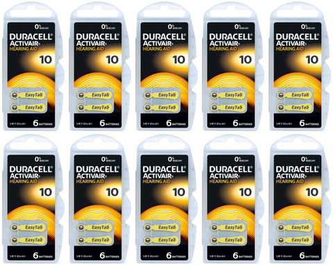 Size 10 Duracell Hearing Aid Batteries Activair Easy Tab - 60 Pieces - 10 Packs